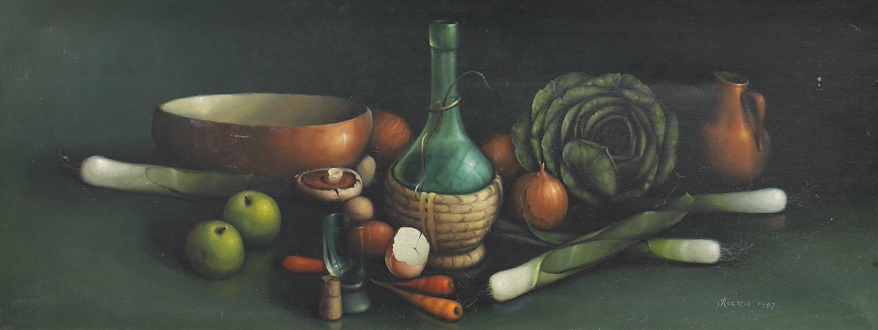 G.L. Reekie, oil on canvas, Earthenware bowl with Chianti bottle, signed and dated 1967, Stacy Marks label verso, 35 x 90cm